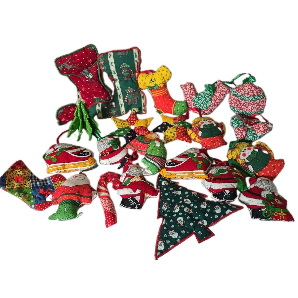 Vtg 1970s Lot of 22 Calico Stuffed Fabric Christmas Ornaments Patchwork Handmade